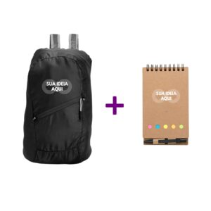Kit com mochila dobrável 16L + bloco ecológico com caneta Personalizado
